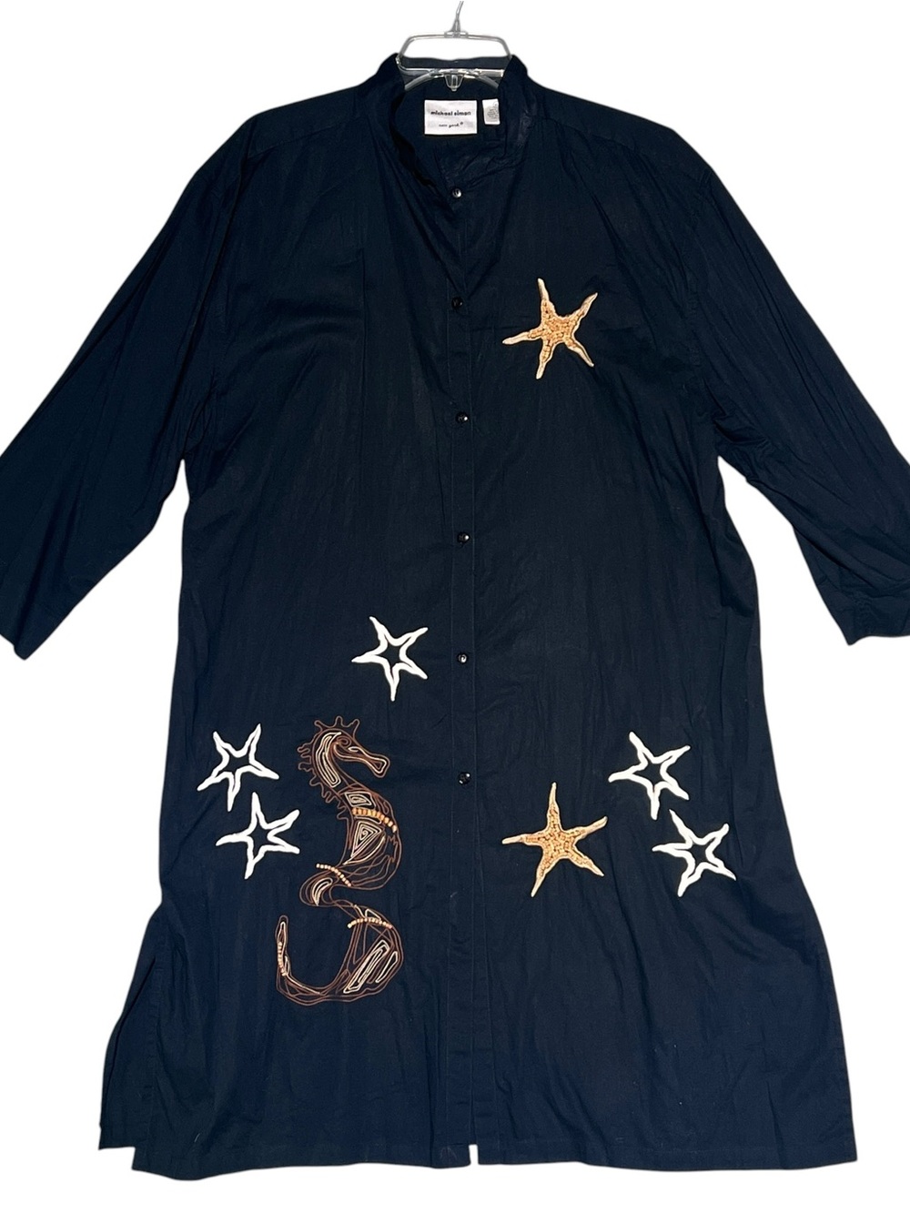 MICHAEL SIMON NY Black Cotton Beaded Seahorse Starfish Shirtdress Tunic Size XL - Picture 2 of 13